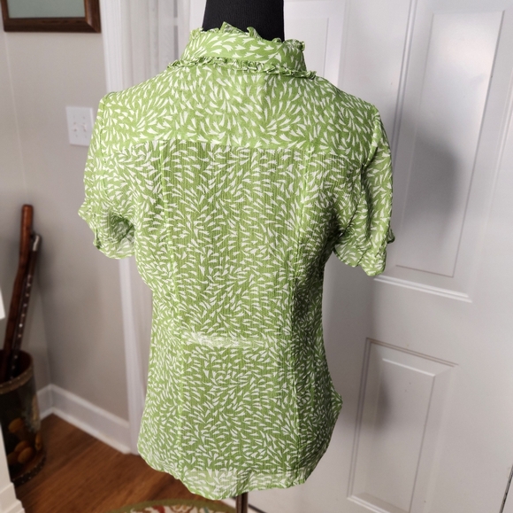 Banana Republic Green and White Scalloped Collar and Puff Sleeves Sheer  Size XS - Picture 3 of 6